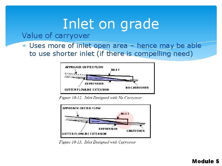 Inlet on grade Value of carryover Uses more of inlet open area – hence