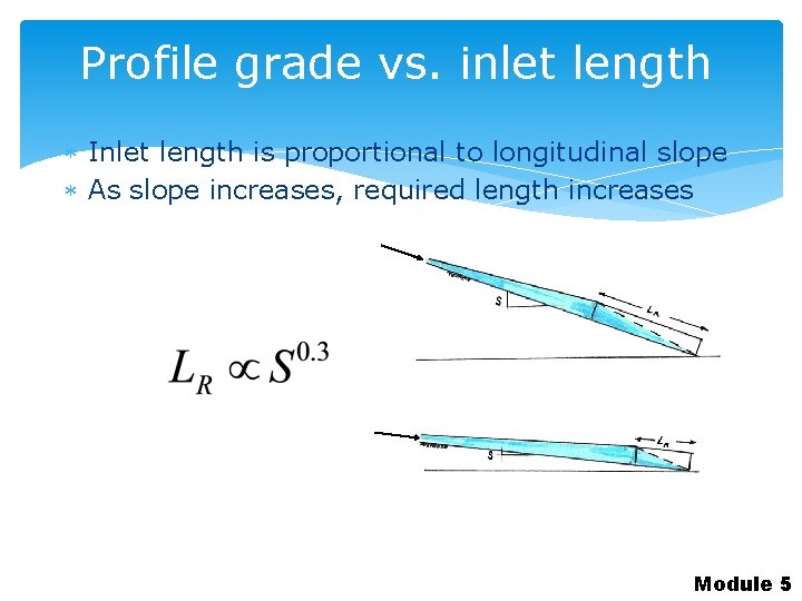 Profile grade vs. inlet length Inlet length is proportional to longitudinal slope As slope