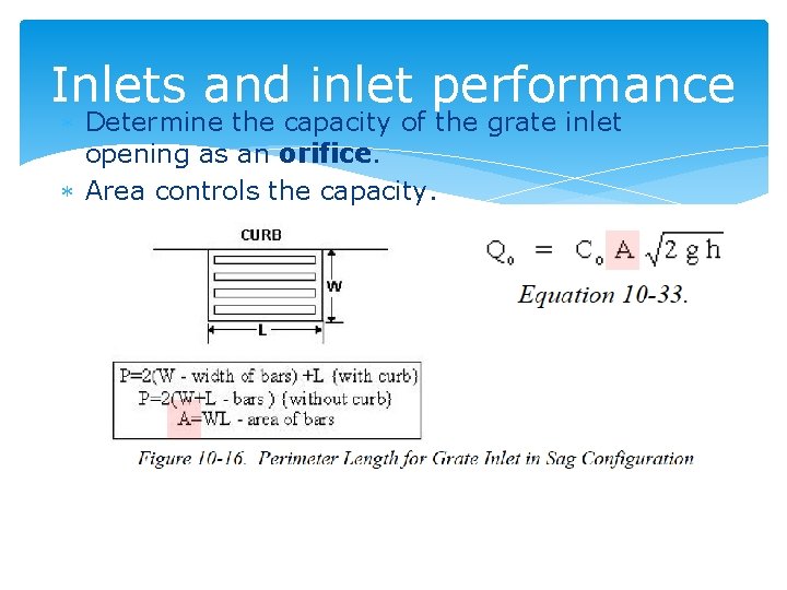 Inlets and inlet performance Determine the capacity of the grate inlet opening as an