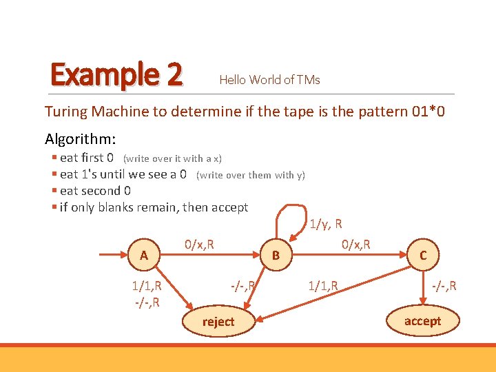 Example 2 Hello World of TMs Turing Machine to determine if the tape is