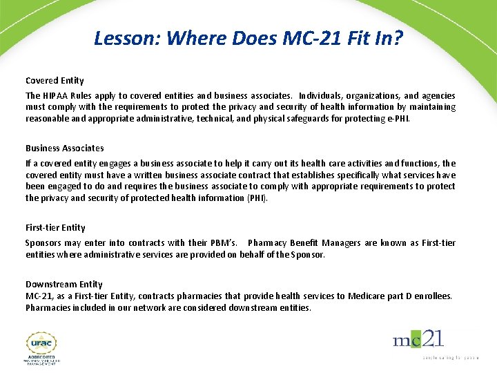 Lesson: Where Does MC-21 Fit In? Covered Entity The HIPAA Rules apply to covered