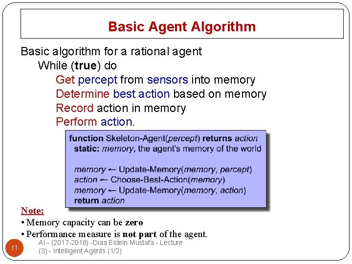 Basic Agent Algorithm Basic algorithm for a rational agent While (true) do Get percept
