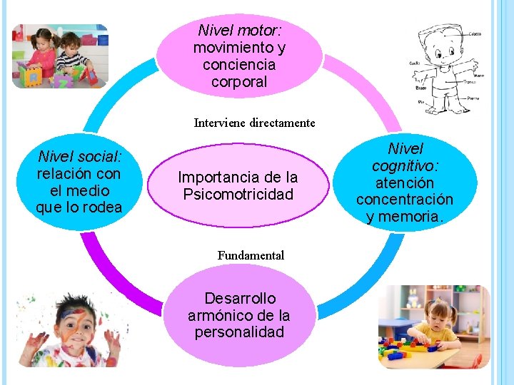 Nivel motor: movimiento y conciencia corporal Interviene directamente Nivel social: relación con el medio