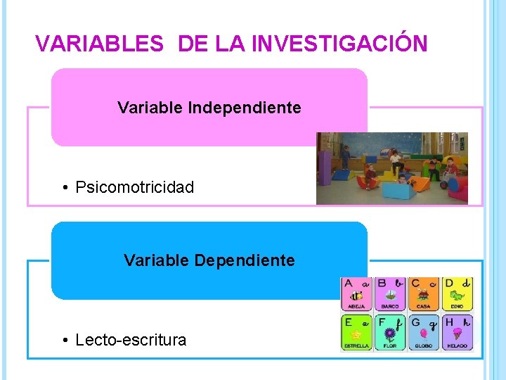 VARIABLES DE LA INVESTIGACIÓN Variable Independiente • Psicomotricidad Variable Dependiente • Lecto-escritura 