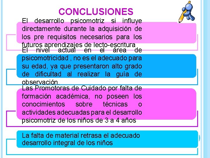 CONCLUSIONES El desarrollo psicomotriz si influye directamente durante la adquisición de los pre requisitos