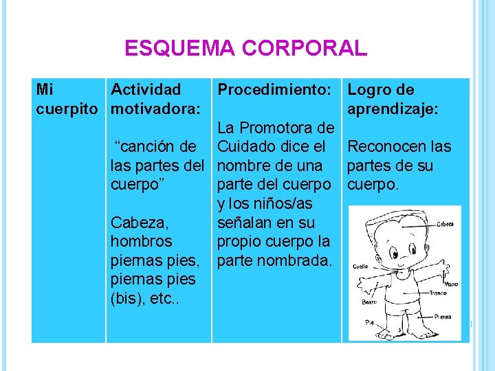 ESQUEMA CORPORAL Mi Actividad cuerpito motivadora: Procedimiento: Logro de aprendizaje: La Promotora de “canción