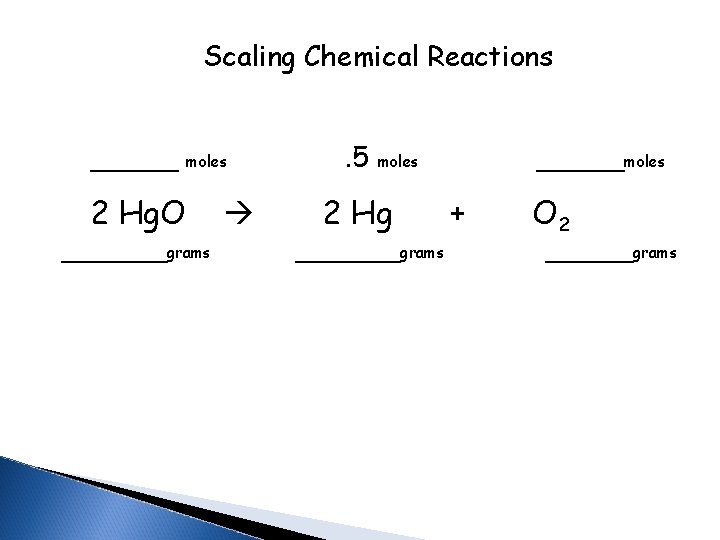 Scaling Chemical Reactions _____ 2 Hg. O moles ______grams . 5 _____moles 2 Hg