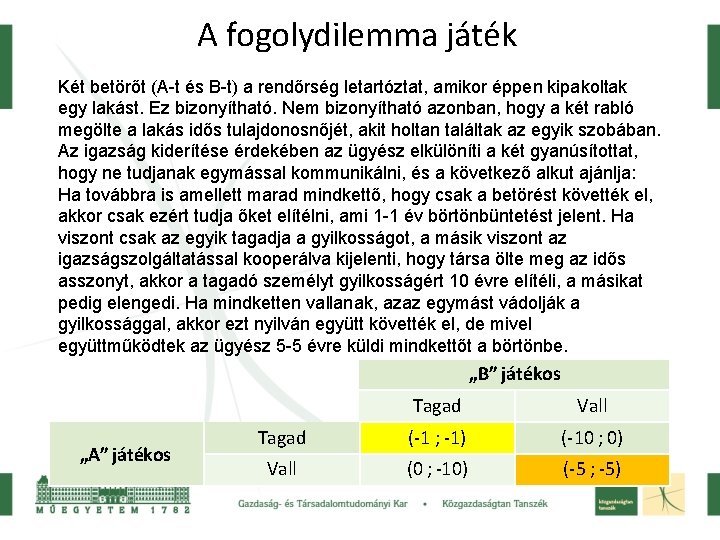 A fogolydilemma játék Két betörőt (A-t és B-t) a rendőrség letartóztat, amikor éppen kipakoltak