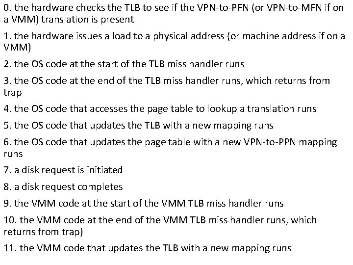 0. the hardware checks the TLB to see if the VPN-to-PFN (or VPN-to-MFN if