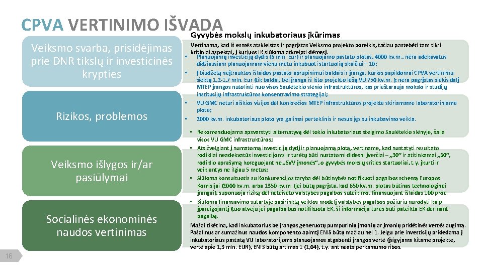 CPVA VERTINIMO IŠVADA Gyvybės mokslų inkubatoriaus įkūrimas Veiksmo svarba, prisidėjimas prie DNR tikslų ir