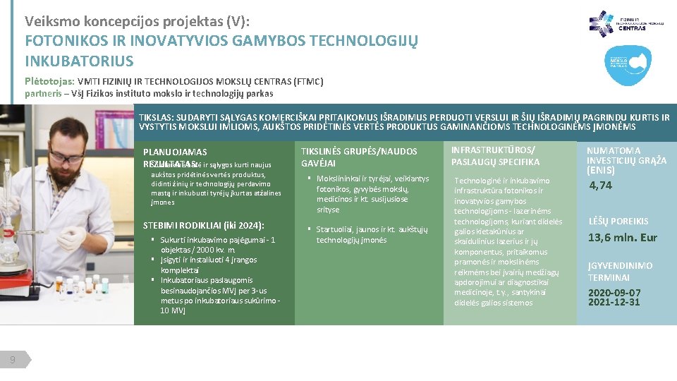 Veiksmo koncepcijos projektas (V): KO SIEKIAME? FOTONIKOS IR INOVATYVIOS GAMYBOS TECHNOLOGIJŲ TIKSLAS, REZULTATAS, RODIKLIAI