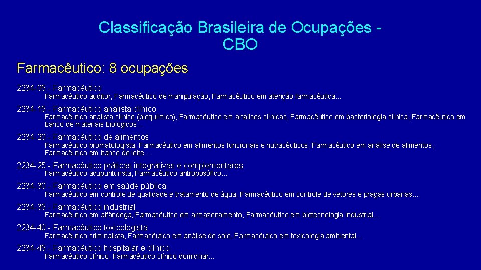 Classificação Brasileira de Ocupações CBO Farmacêutico: 8 ocupações 2234 -05 - Farmacêutico auditor, Farmacêutico
