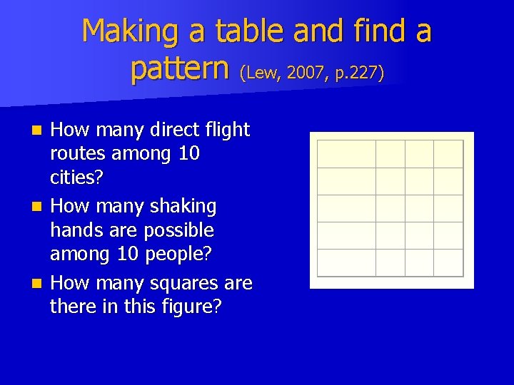Making a table and find a pattern (Lew, 2007, p. 227) How many direct Making a table and find a pattern (Lew, 2007, p. 227) How many direct