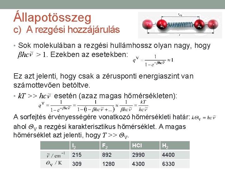 Állapotösszeg c) A rezgési hozzájárulás • Sok molekulában a rezgési hullámhossz olyan nagy, hogy