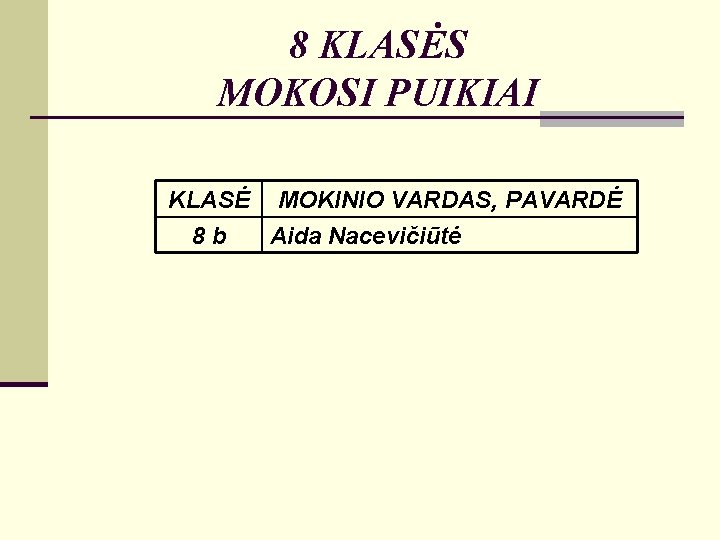 8 KLASĖS MOKOSI PUIKIAI KLASĖ MOKINIO VARDAS, PAVARDĖ 8 b Aida Nacevičiūtė 