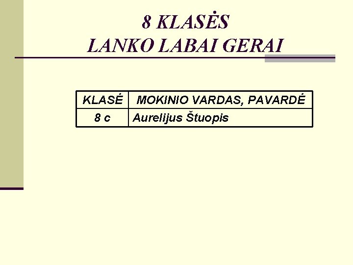 8 KLASĖS LANKO LABAI GERAI KLASĖ MOKINIO VARDAS, PAVARDĖ 8 c Aurelijus Štuopis 