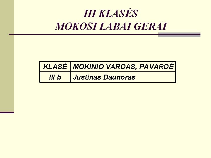 III KLASĖS MOKOSI LABAI GERAI KLASĖ MOKINIO VARDAS, PAVARDĖ III b Justinas Daunoras 