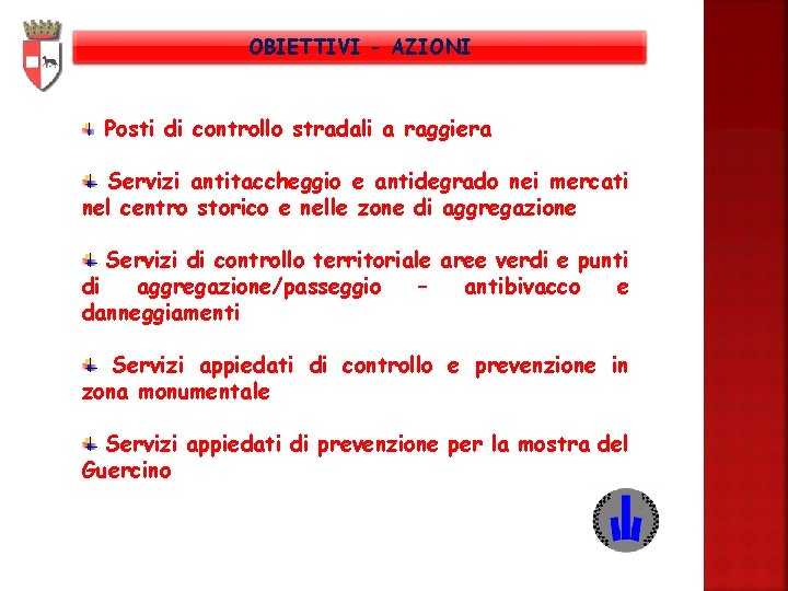 OBIETTIVI - AZIONI Posti di controllo stradali a raggiera Servizi antitaccheggio e antidegrado nei