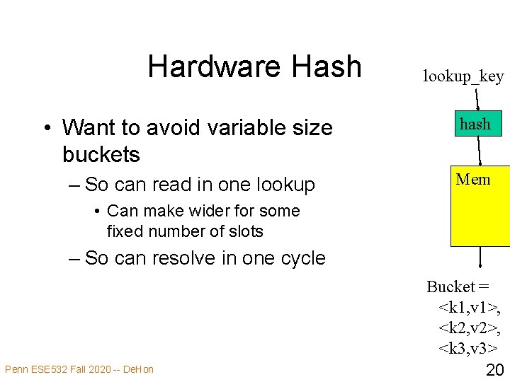 Hardware Hash lookup_key • Want to avoid variable size buckets hash – So can