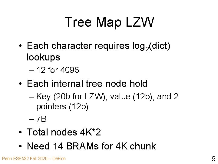 Tree Map LZW • Each character requires log 2(dict) lookups – 12 for 4096