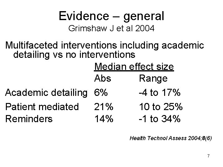 Evidence – general Grimshaw J et al 2004 Multifaceted interventions including academic detailing vs