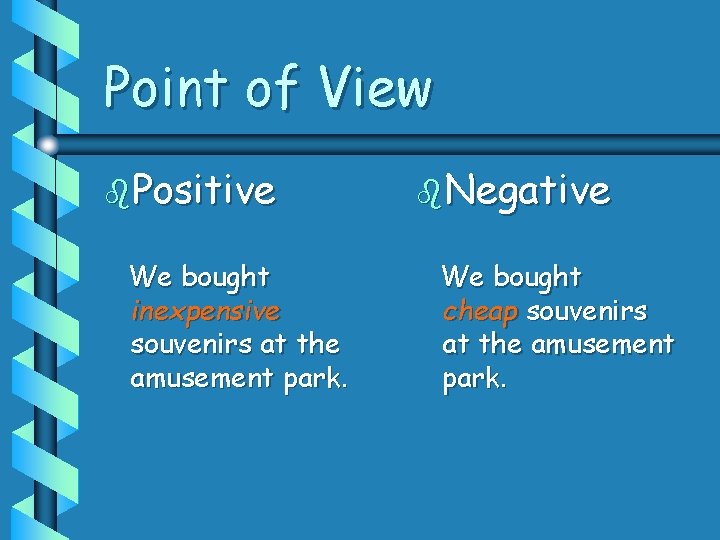 Point of View b. Positive We bought inexpensive souvenirs at the amusement park. b.
