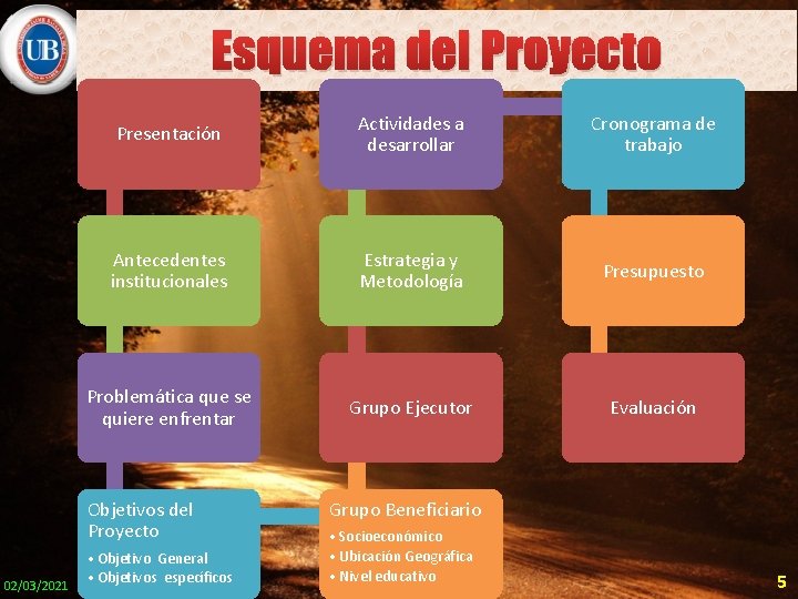 Esquema del Proyecto Presentación Actividades a desarrollar Cronograma de trabajo Antecedentes institucionales Estrategia y