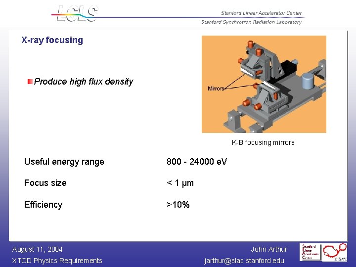 X-ray focusing Produce high flux density K-B focusing mirrors Useful energy range 800 -