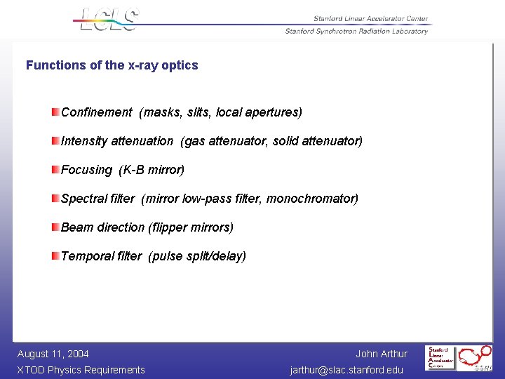 Functions of the x-ray optics Confinement (masks, slits, local apertures) Intensity attenuation (gas attenuator,