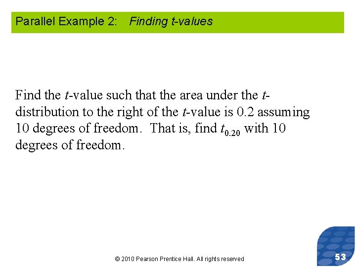 Parallel Example 2: Finding t-values Find the t-value such that the area under the