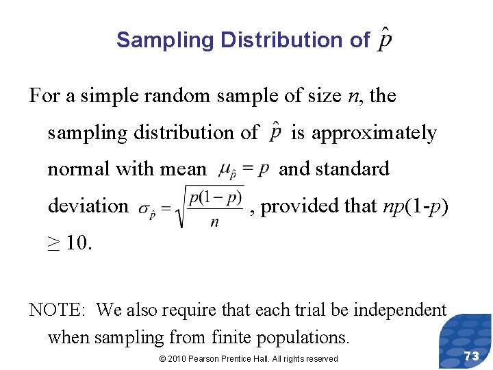 Sampling Distribution of For a simple random sample of size n, the sampling distribution