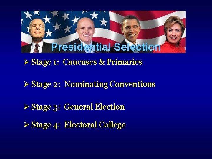 Presidential Selection Stage 1: Caucuses & Primaries Stage 2: Nominating Conventions Stage 3: General