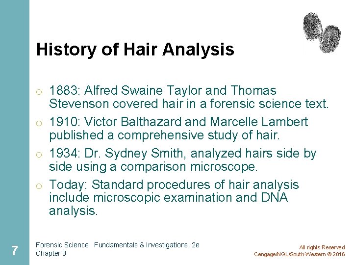History of Hair Analysis o 1883: Alfred Swaine Taylor and Thomas Stevenson covered hair History of Hair Analysis o 1883: Alfred Swaine Taylor and Thomas Stevenson covered hair