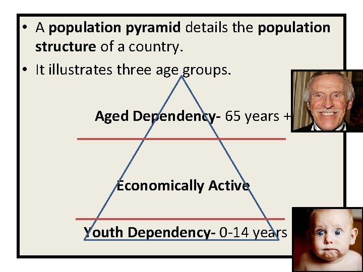  • A population pyramid details the population structure of a country. • It