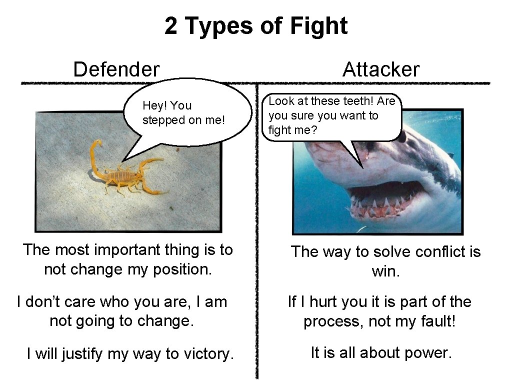 2 Types of Fight Defender Hey! You stepped on me! The most important thing