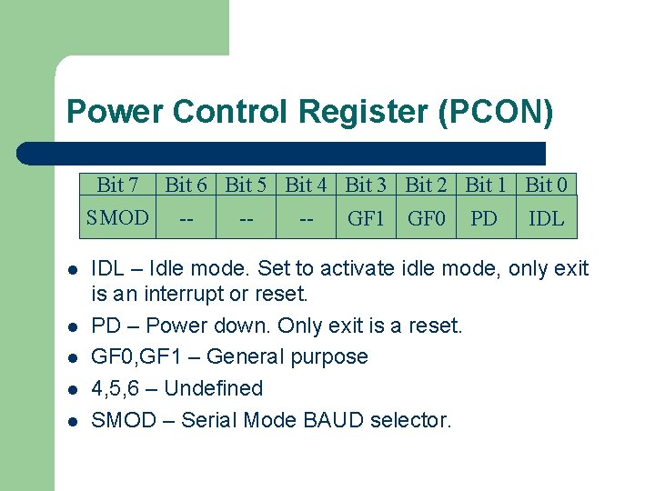 Power Control Register (PCON) Bit 7 Bit 6 Bit 5 Bit 4 Bit 3