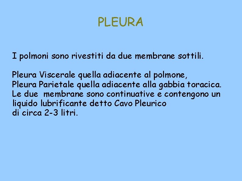 PLEURA I polmoni sono rivestiti da due membrane sottili. Pleura Viscerale quella adiacente al