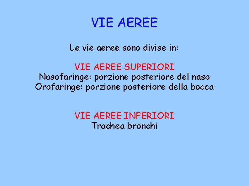 VIE AEREE Le vie aeree sono divise in: VIE AEREE SUPERIORI Nasofaringe: porzione posteriore