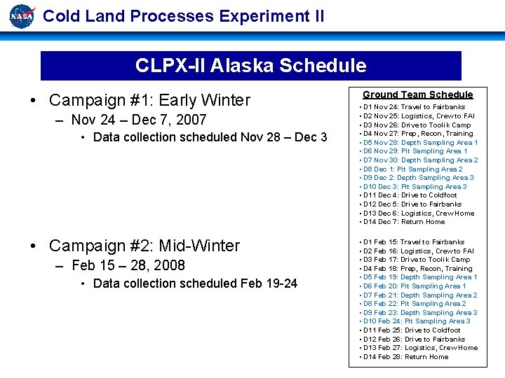 Cold Land Processes Experiment II CLPX-II Alaska Schedule • Campaign #1: Early Winter –