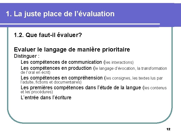 1. La juste place de l’évaluation 1. 2. Que faut-il évaluer? Evaluer le langage