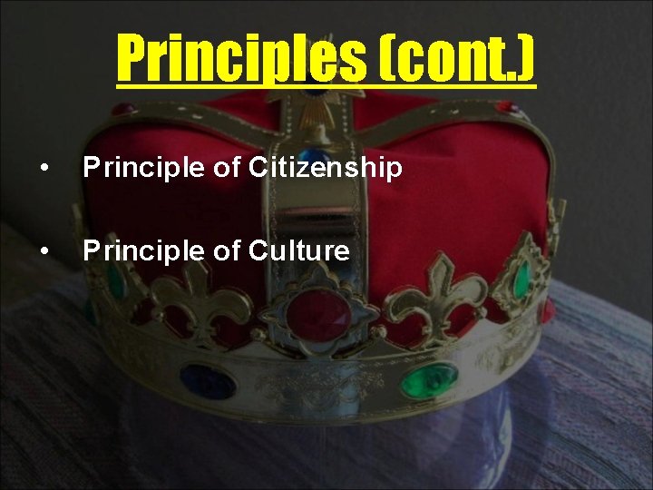 Principles (cont. ) • Principle of Citizenship • Principle of Culture 