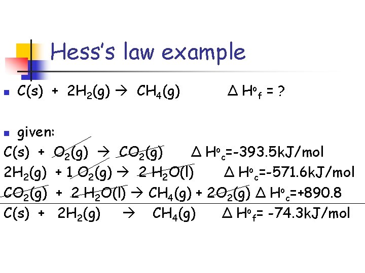 Hess’s law example n C(s) + 2 H 2(g) CH 4(g) Δ H of