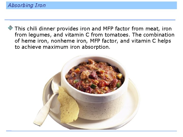 Absorbing Iron This chili dinner provides iron and MFP factor from meat, iron from