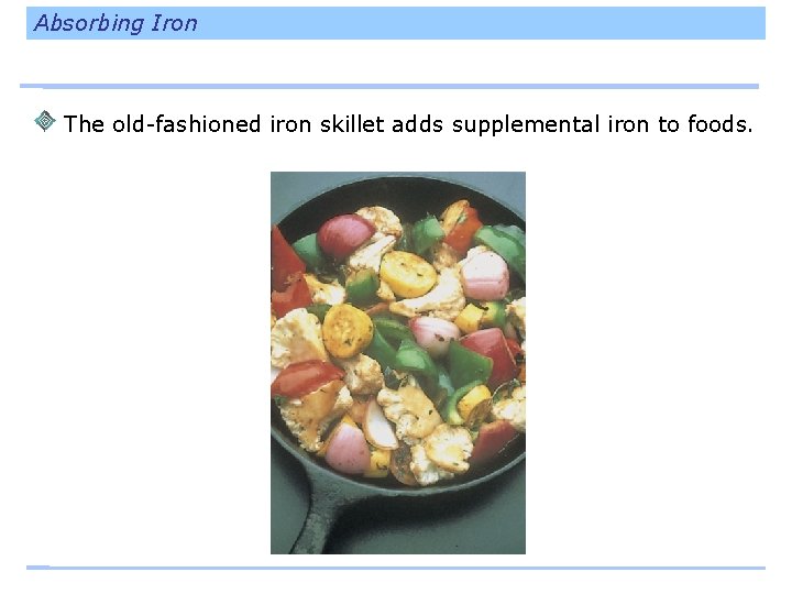 Absorbing Iron The old-fashioned iron skillet adds supplemental iron to foods. 