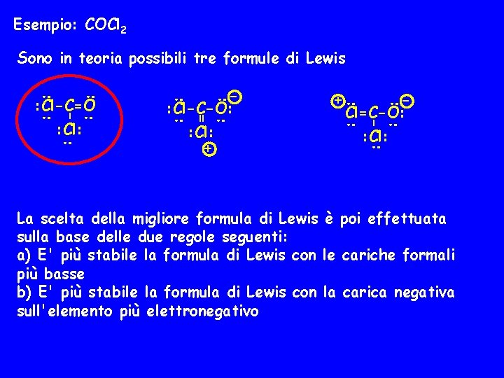 Esempio: COCl 2 : : Cl=C-O: : Cl: : : Cl: + + :