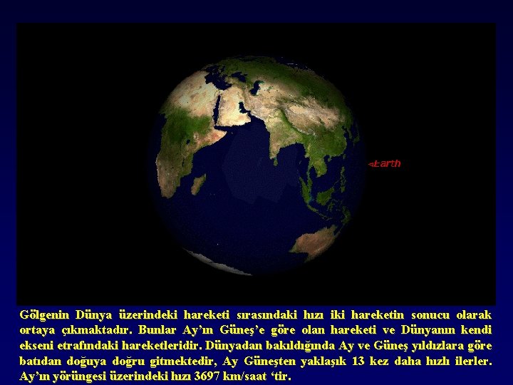 Gölgenin Dünya üzerindeki hareketi sırasındaki hızı iki hareketin sonucu olarak ortaya çıkmaktadır. Bunlar Ay’ın