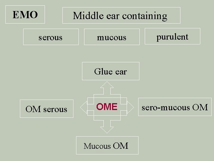 EMO Middle ear containing serous mucous purulent Glue ear OM serous OME Mucous OM