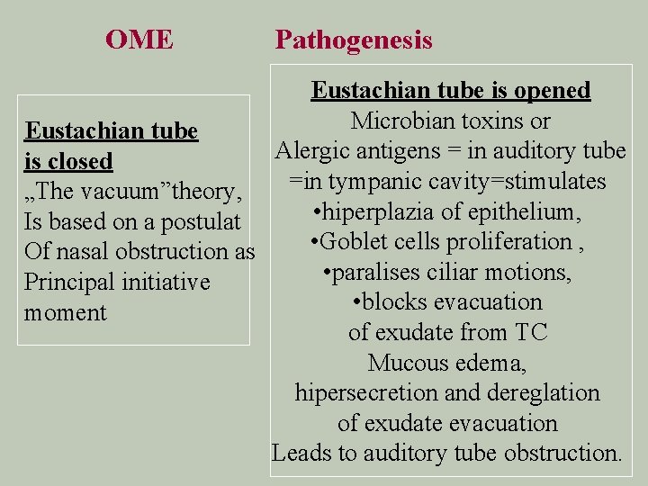 OME Pathogenesis Eustachian tube is opened Microbian toxins or Eustachian tube Alergic antigens =