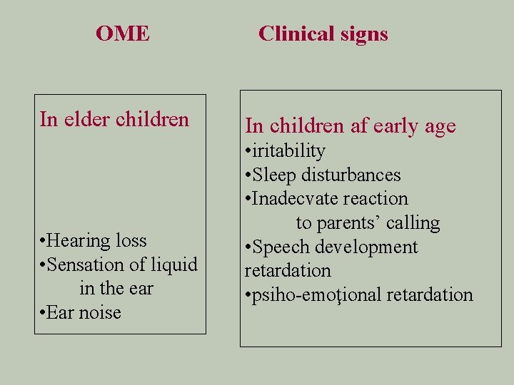 OME In elder children • Hearing loss • Sensation of liquid in the ear