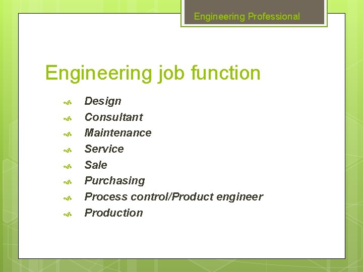 Engineering Professional Engineering job function Design Consultant Maintenance Service Sale Purchasing Process control/Product engineer